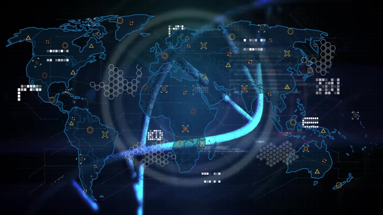 Starting glowing helix rotating, revealing world map, adding data nodes, unveiling CLONE branding