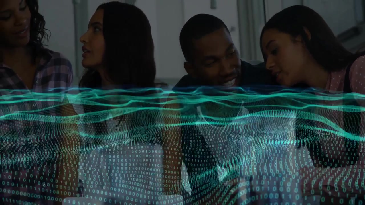 Project team activating digital display and analyzing streaming data waveform for business insights