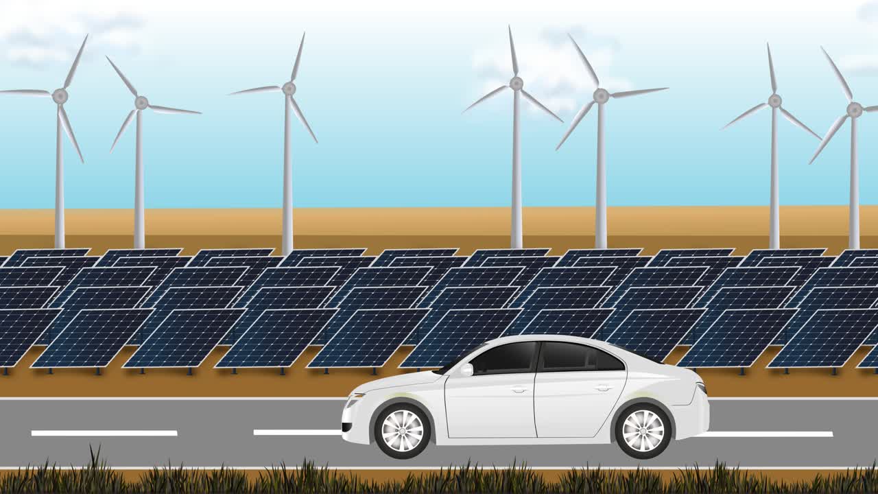 Electric Car Driving Through a Renewable Energy Landscape