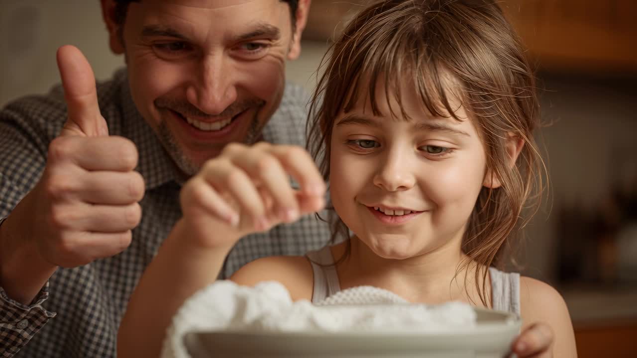 Receiving dad's thumbs-up, sleeveless child exploring foam bowl with towel in kitchen, dad guiding