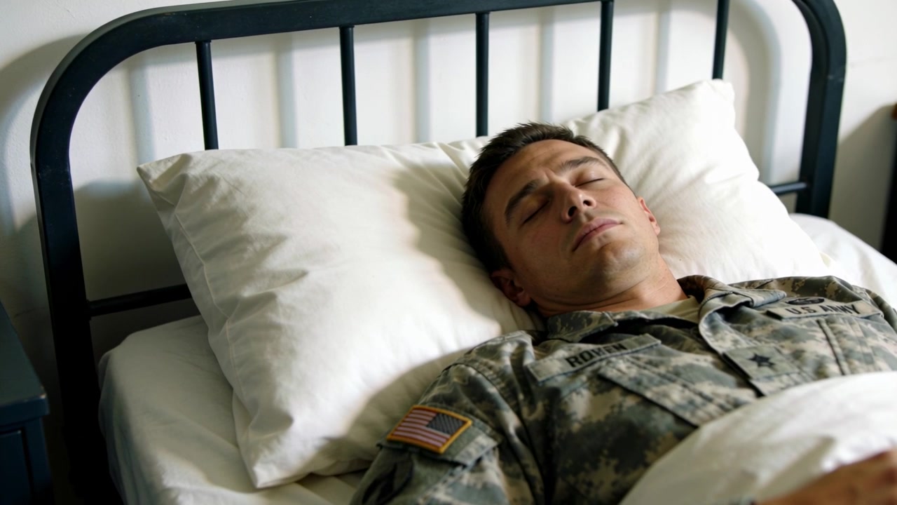Sovende mandlig soldat ligger i barak-seng for hvile, iført camouflageuniform med flagmærke.