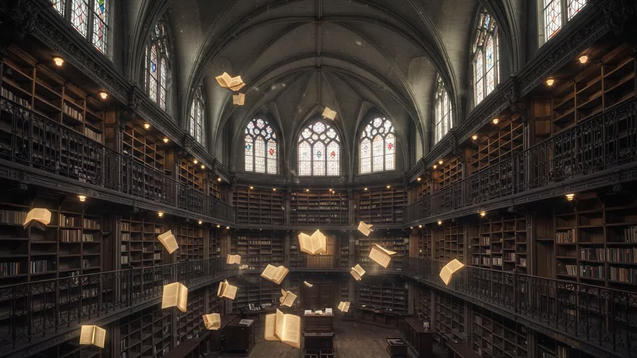 A Captivating Scene in a Majestic Library with Floating Books, Combining Elements of Fantasy and Wonder, Captured in a Stunning Architectural Space