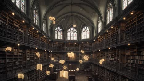 a captivating scene in a majestic library with floating books, combining elements of fantasy and wonder, captured in a stunning architectural space