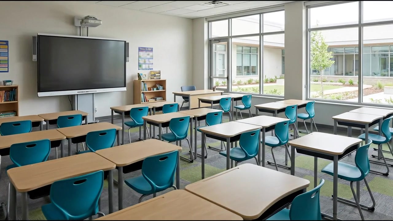 Interno di aula moderna vuota con banchi in legno e lavagna bianca
