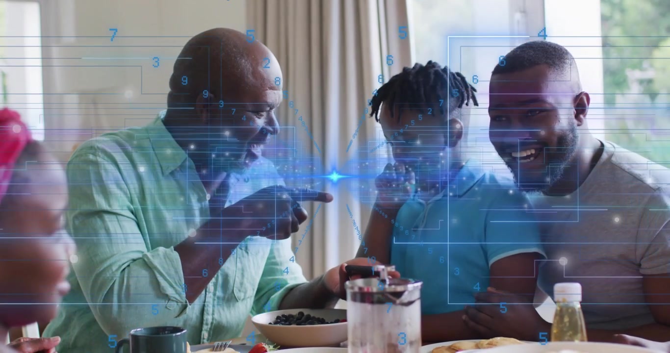 Senior man tapping child's finger on smartphone at breakfast, displaying AR overlay for education