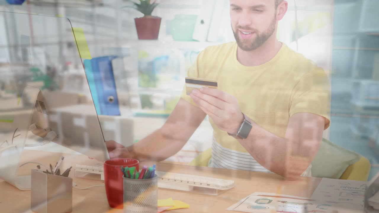 hombre caucásico en distanciamiento social comprando en línea en casa