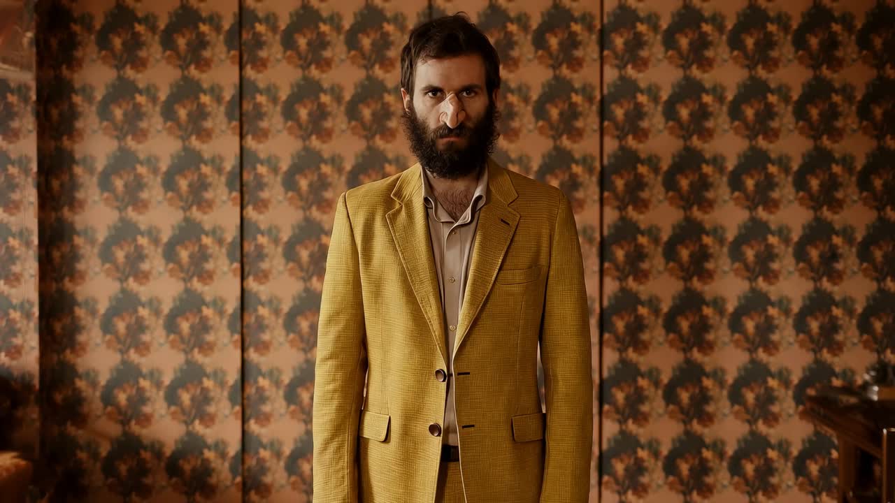 Uomo in piedi che indossa un blazer giallo senape in una stanza con parete a fiori mentre la camera inizia a registrare