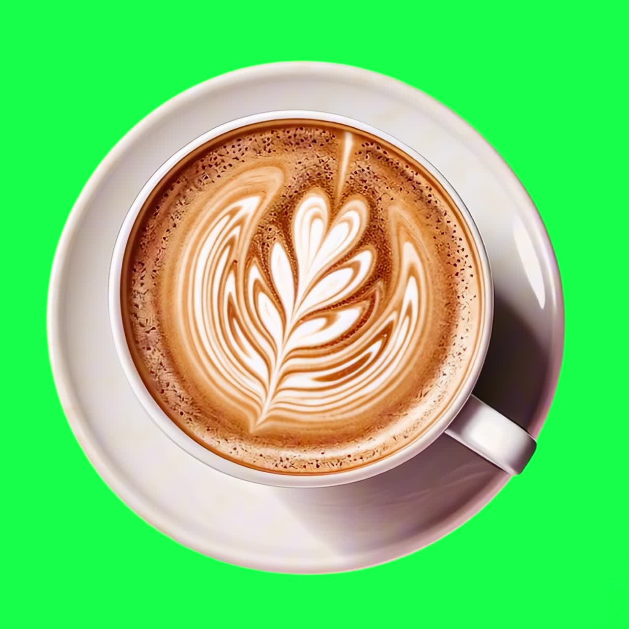 Artistic latte with intricate design animation, transparent 4K video, green screen