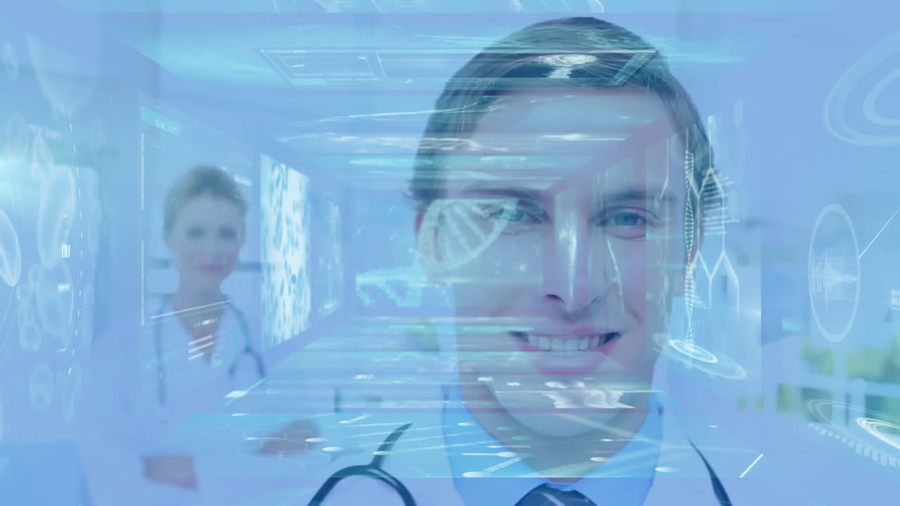 Professionisti medici sorridenti con sovrapposizione di animazione del DNA e dell'elaborazione dati.