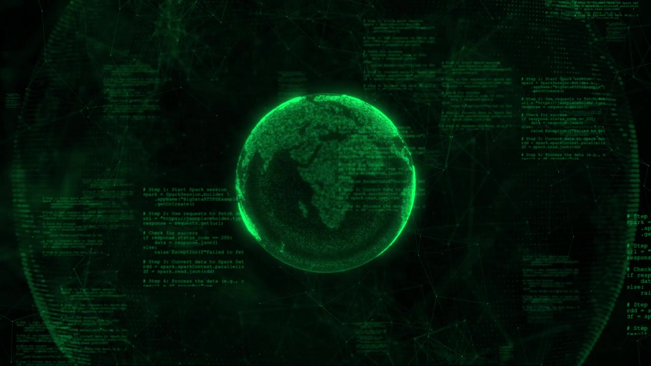 Cyber green world data visual with glowing earth sphere code panels connected mesh and dark digital