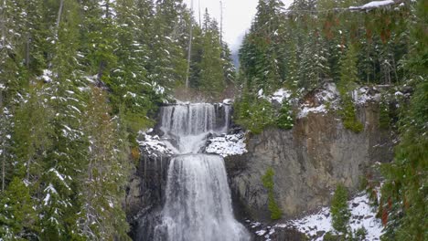 árboles-De-Coníferas-Cubiertos-De-Nieve-Con-Cascada-Durante-El-Invierno