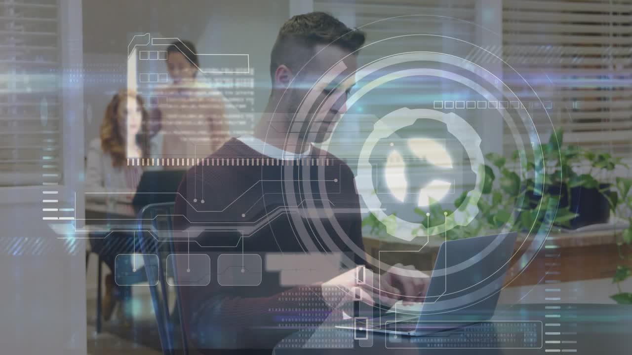 Man typing on laptop, remote work HUD overlay responding as standing woman comforting seated woman