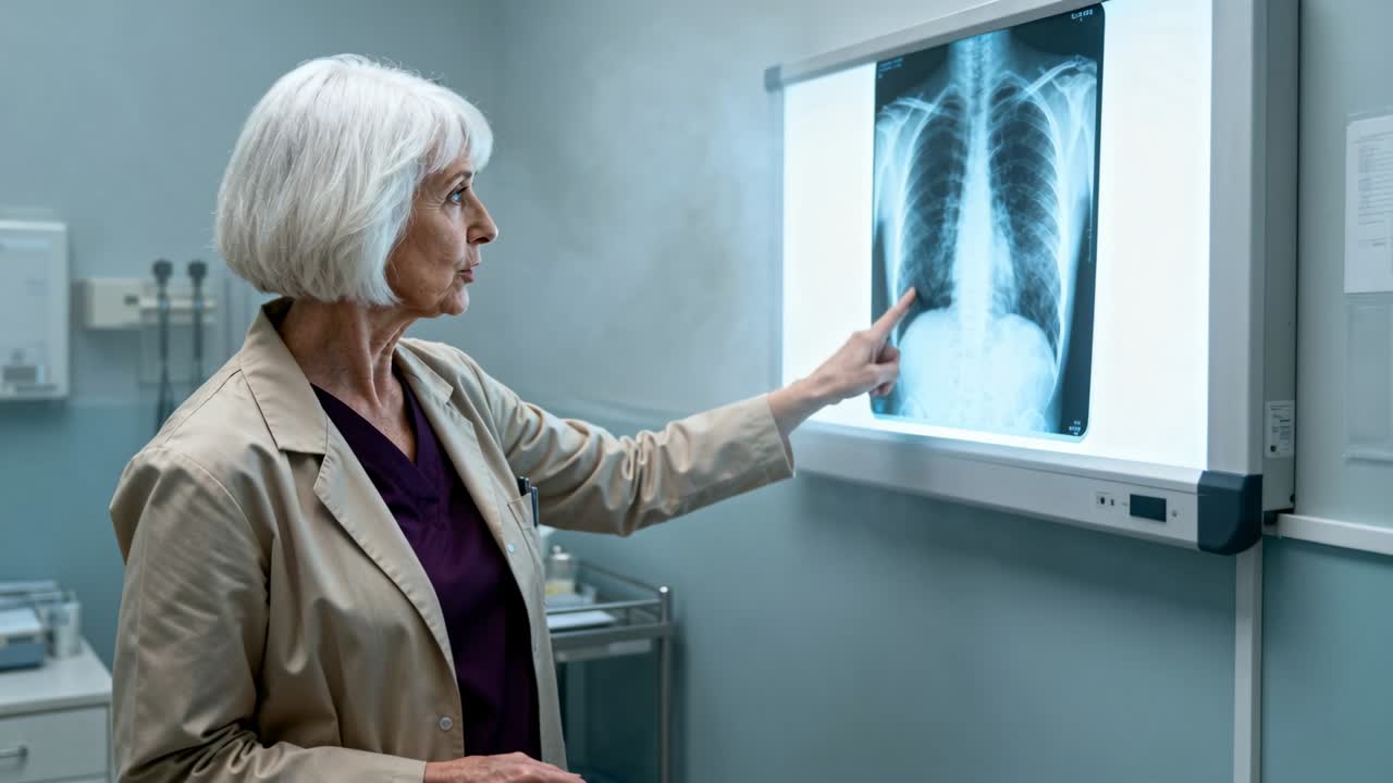 Senior MD reviewing CXR on lightbox, pointing apex to diaphragm and explaining medical findings