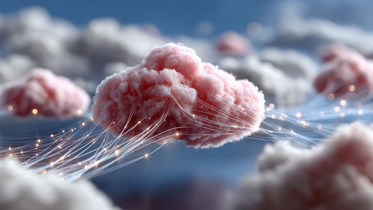 A captivating representation of a stylized pink cloud gracefully floating amidst an ethereal sky, adorned with delicate light trails that evoke a sense of wonder and whimsy