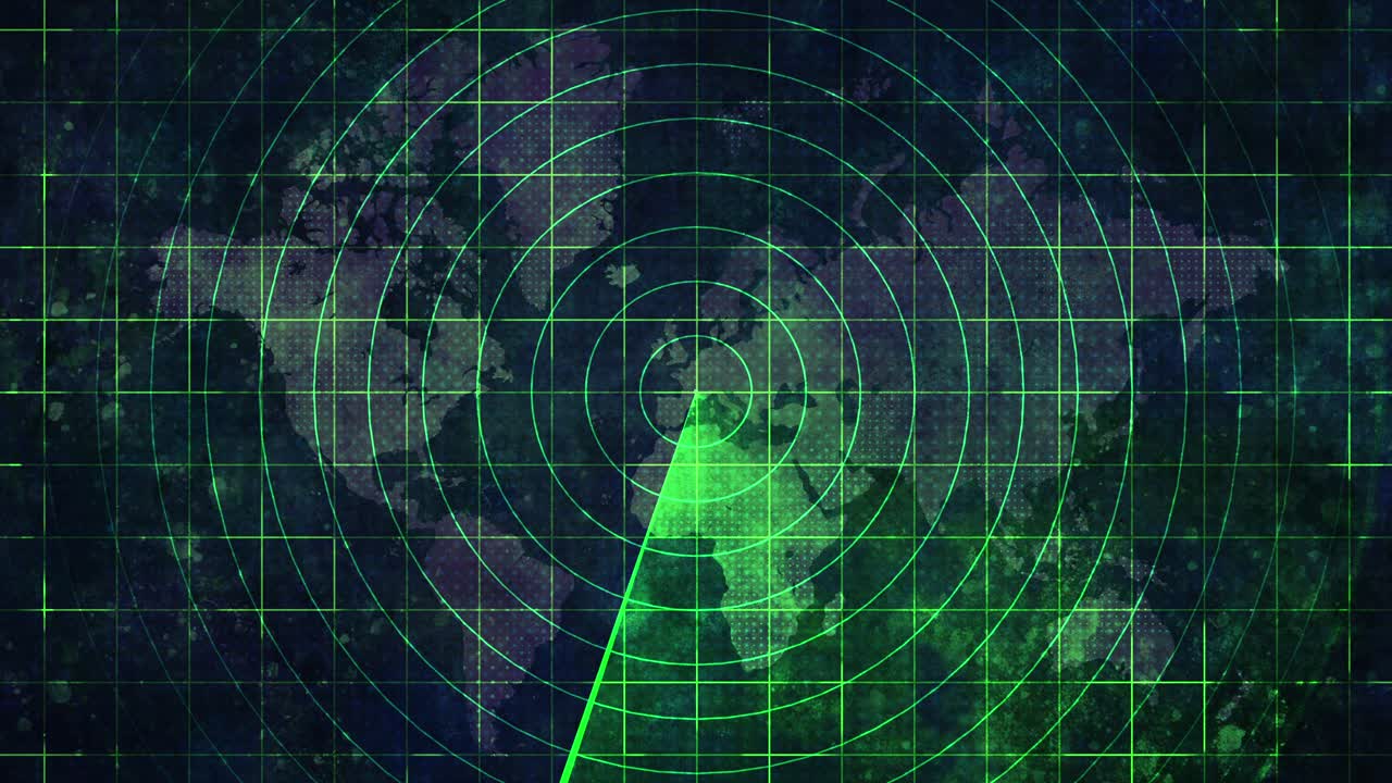 Loopable world map with green radar grid with textured background, pulsing grunge surface, mottled and stained backdrop, surveillance system with scanning sweep
