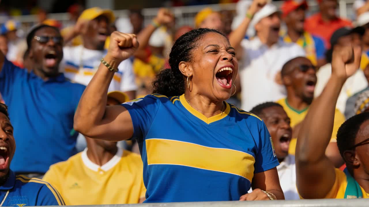 Cheering woman in blue shirt, yellow stripe, raising fists behind railing in stands after score