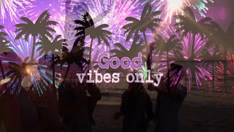 animation of good vibes only text and palm trees over diverse people at beach