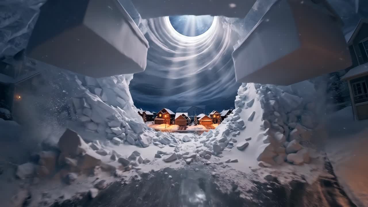 Surreal Icy Tunnel Leading to a Snowy Suburban Neighborhood
