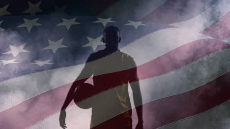 animación de la bandera de los estados unidos de américa sobre un jugador de baloncesto afroamericano