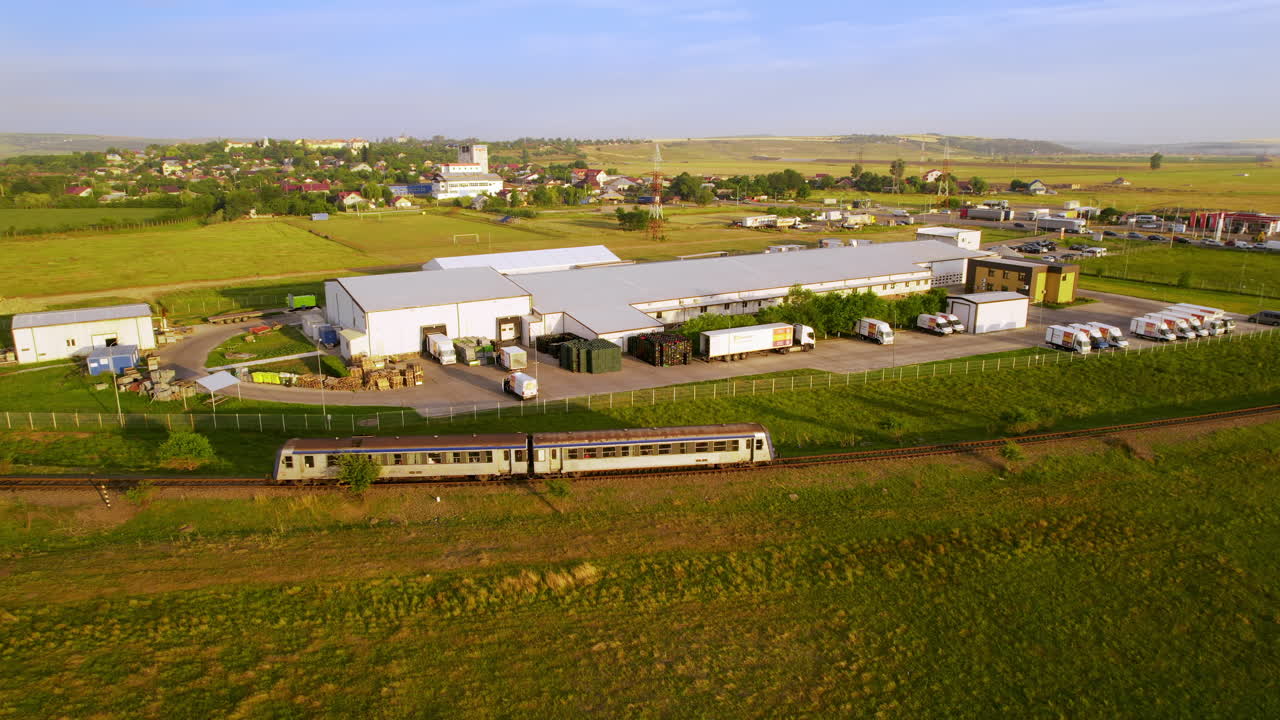 Vista aérea de la naturaleza en Rumanía al atardecer tomada con dron. Tren en movimiento, pueblo y campos circundantes