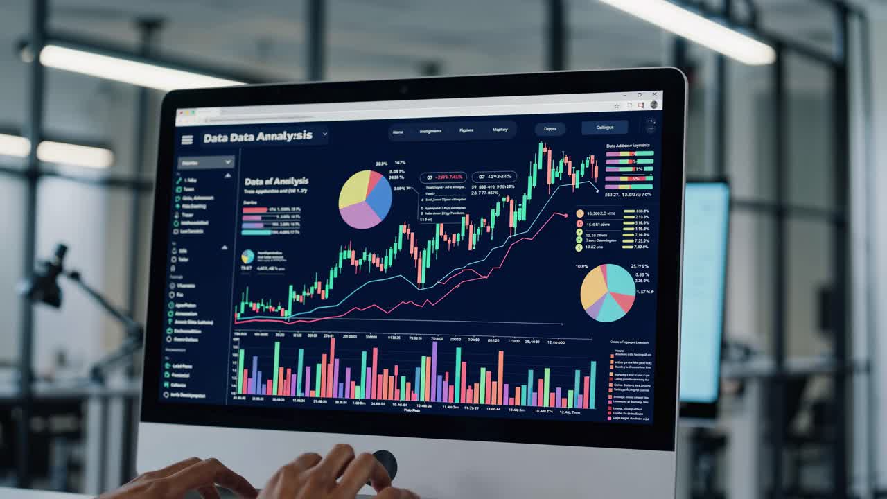 Close-up of a computer screen displaying colorful data analytics charts and graphs, shot from a side