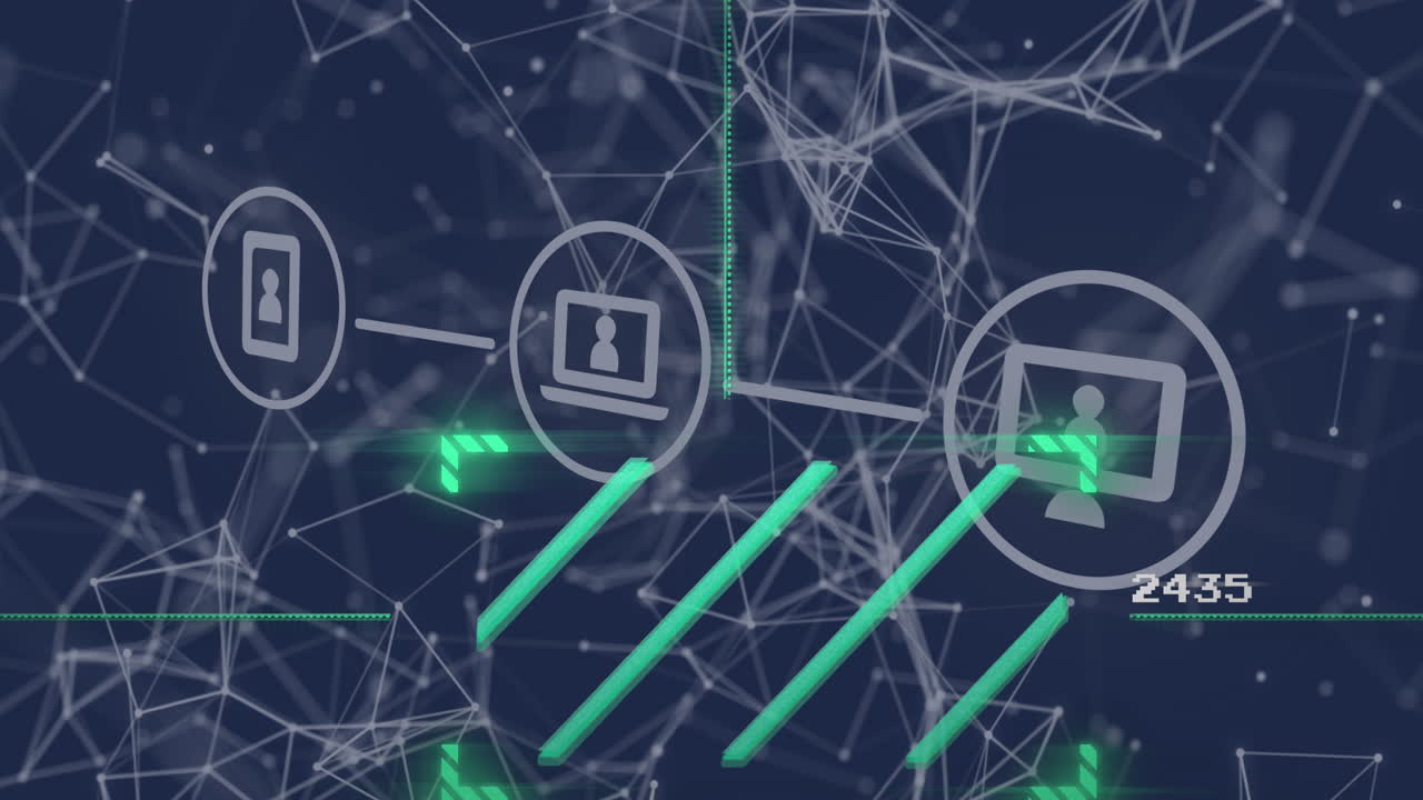 animación de la red de conexiones y iconos de medios en fondo azul