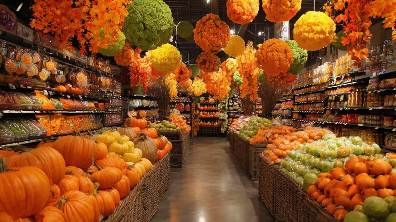 Vibrant Autumn Harvest Display in Grocery Store Featuring Seasonal Fruits and Colorful Decorations Amidst a Lively Market Atmosphere