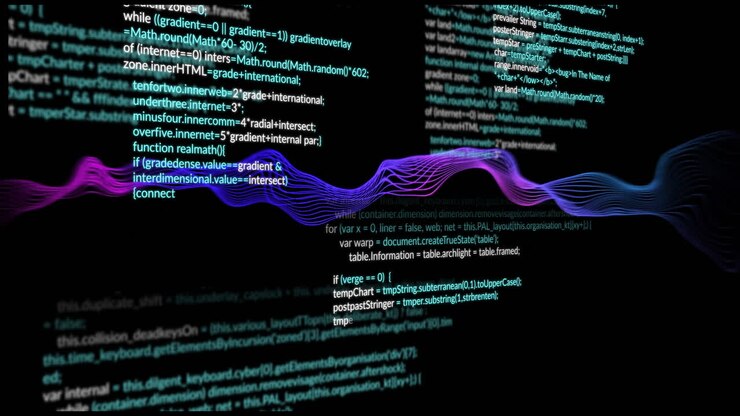 Animation der digitalen Datenverarbeitung über einem Netz von Verbindungen auf schwarzem Hintergrund