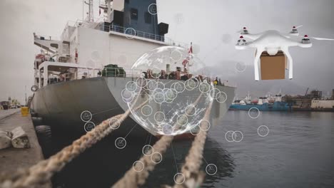animación de la red de conexiones a través de drones con paquetes sobre el puerto