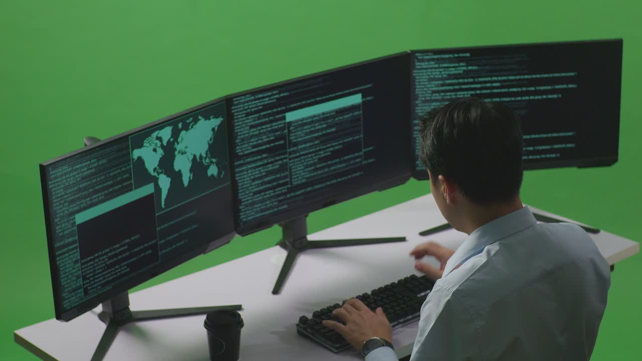 행복한 아시아인 개발자가 그린 스크린 스튜디오에서 여러 컴퓨터 화면으로 코드를 작성하는 동안 축하하는 측면 시각