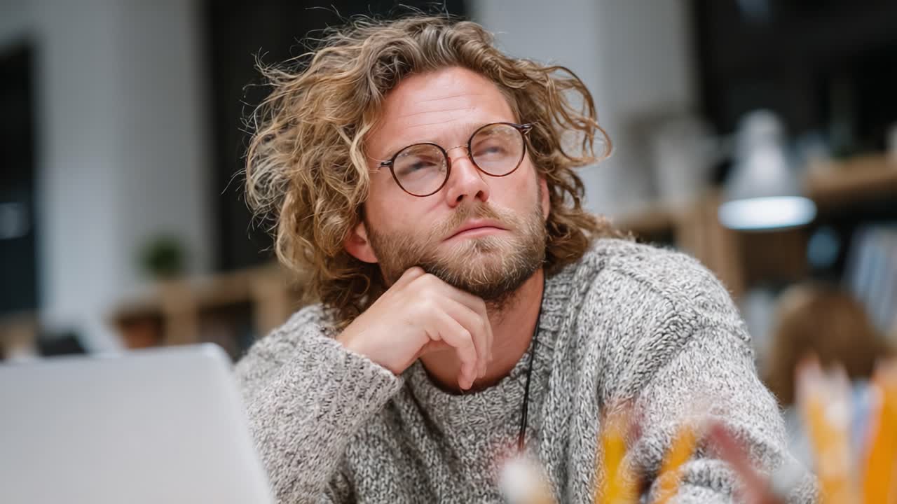 Contemplative Young Man in Cozy Sweater with Glasses Pondering Ideas in a Bright, Modern Workspace Surrounded by Creative Tools and Books