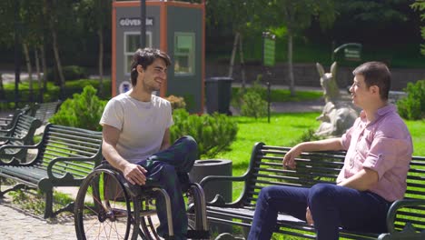 Behinderter-Teenager-Im-Rollstuhl,-Der-Lustige-Gespräche-Führt.