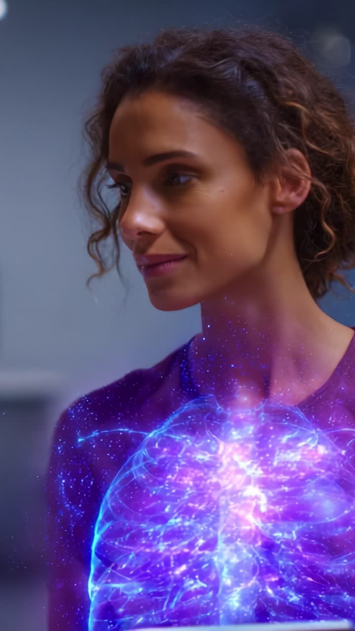 Una donna osserva pensierosa un ologramma luminoso di un polmone umano, che rappresenta l'interazione tra tecnologia e biologia in un ambiente futuristico