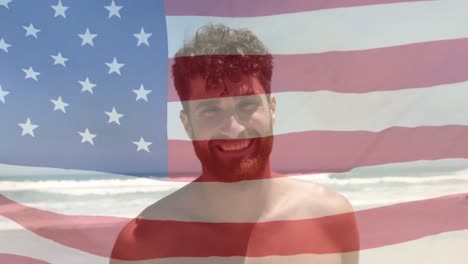 animación de la bandera ondulada de los ee.uu. sobre hombres caucásicos felices