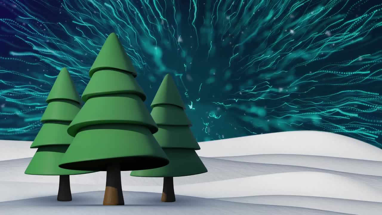 Animation of fireworks and snow falling in digital winter landscape
