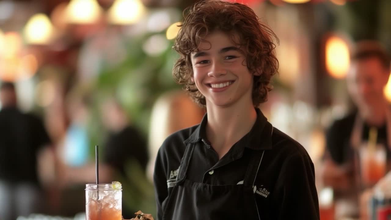Giovane cameriere che serve bevande al ristorante