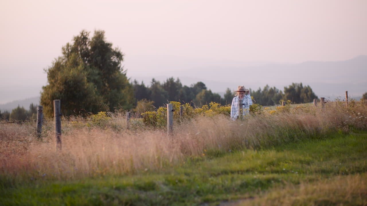 Donna con cappello in piedi in un campo dorato al tramonto