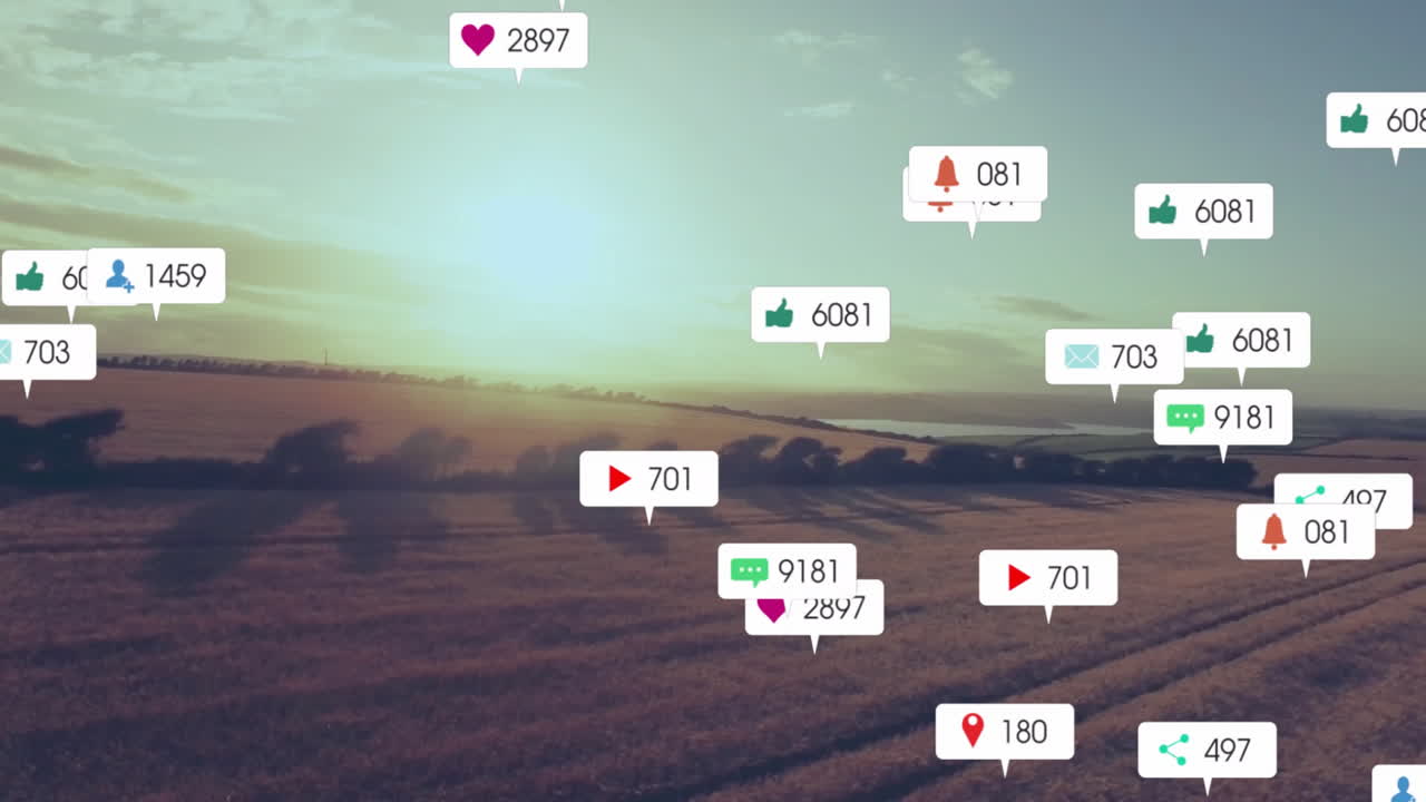 소셜 미디어 알림: 해가 지는 시골 풍경에 대한 애니메이션