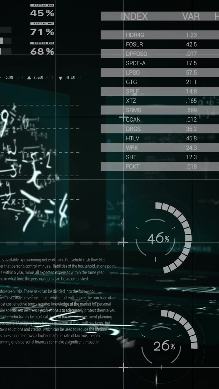 Mathematical equations floating against statistical data processing against black background