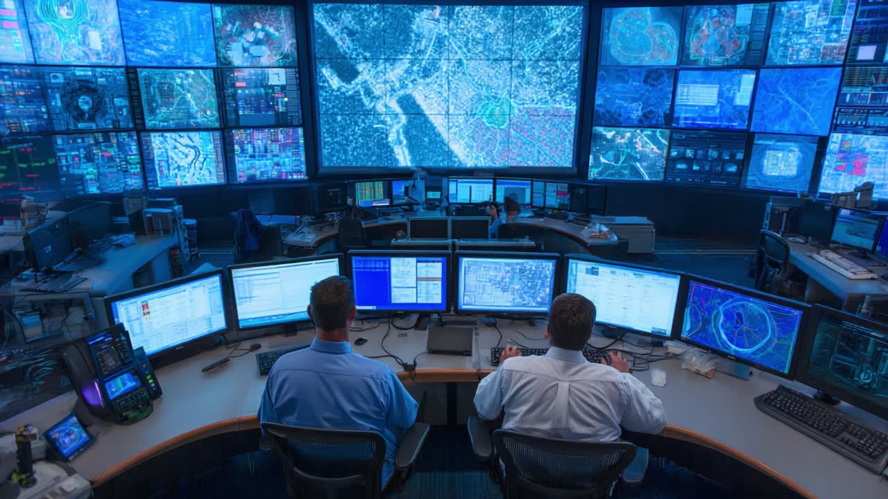 High-Tech Monitoring Room with Analysts Overseeing a Complex Data Display and Surveillance Systems in Real-Time Operations
