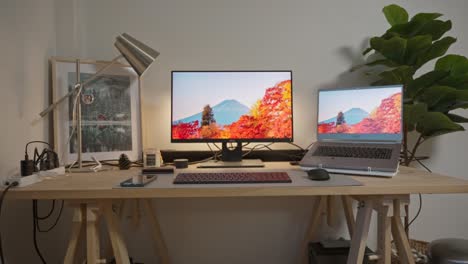 workspace with modern laptop, display screen, lamp, picture frame on wooden desk and artificial tree in minimalist studio room