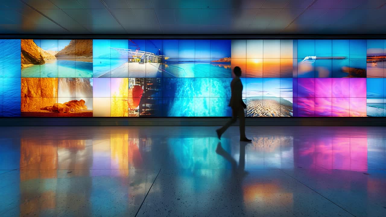 A solitary figure walks past a vibrant digital wall display showcasing an array of stunning landscapes and seascapes, reflecting a blend of nature’s beauty and urban artistry