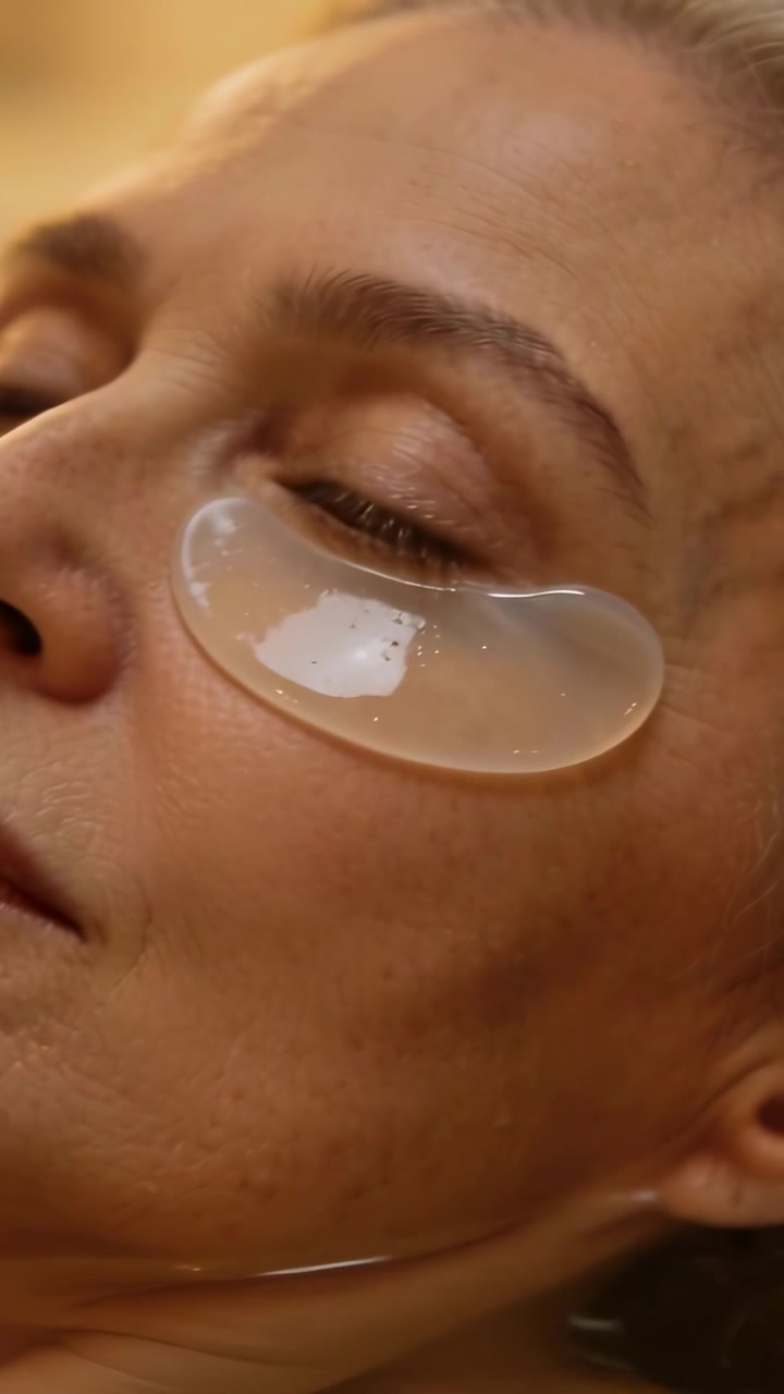 Vertical video: Reaching tech adjusting gel eye patch, reclining woman receiving hydration in spa