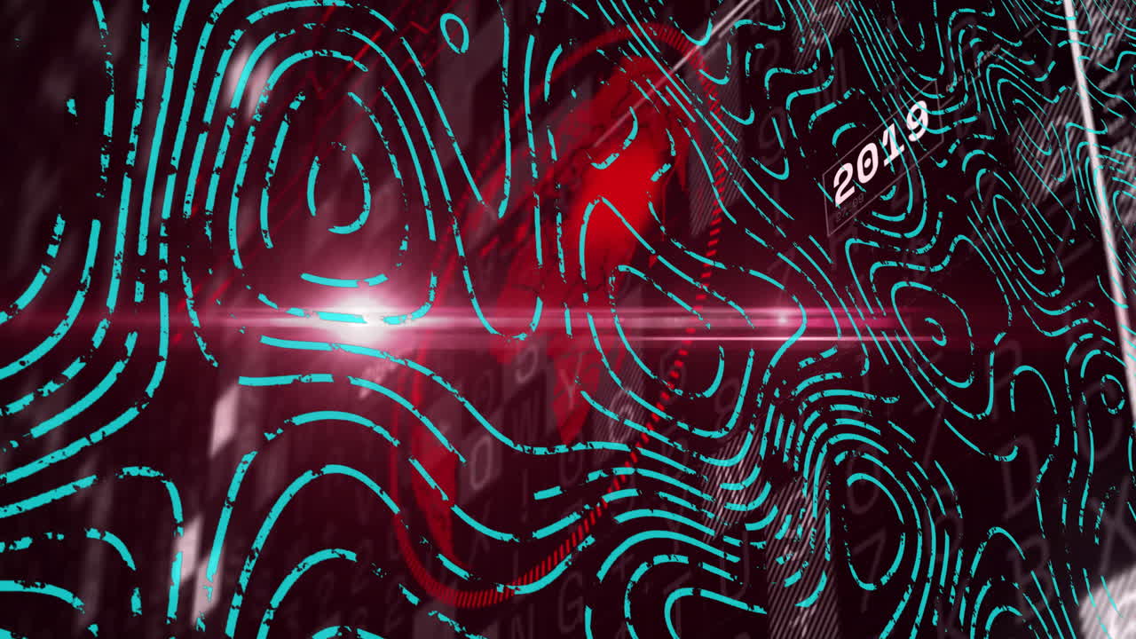 Glowing lines and 2019 text creating animation over dark abstract background