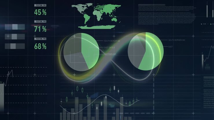 Due grafici a torta luminosi sotto anelli al neon vorticosi mentre una mappa del mondo si aggiorna con barre candlestick