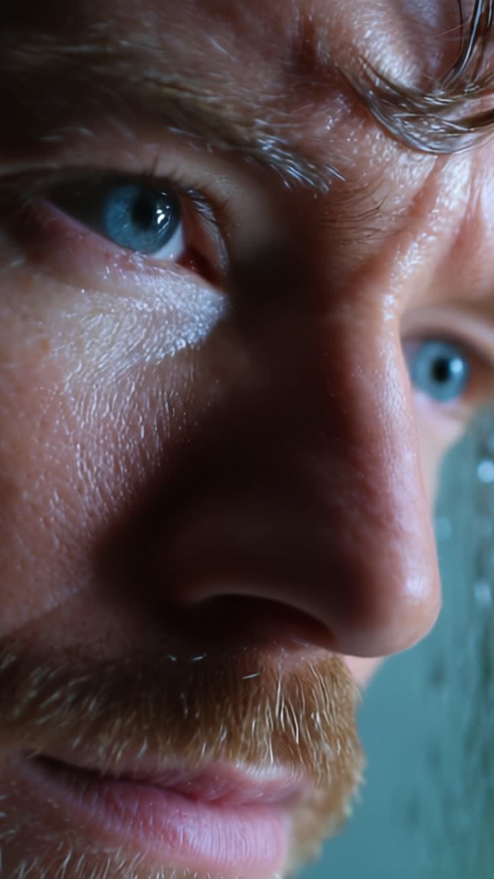 A Close-Up of an Intense Gaze with Glistening Skin and Water Droplets, Capturing Emotion and Reflection in a Thoughtful Moment