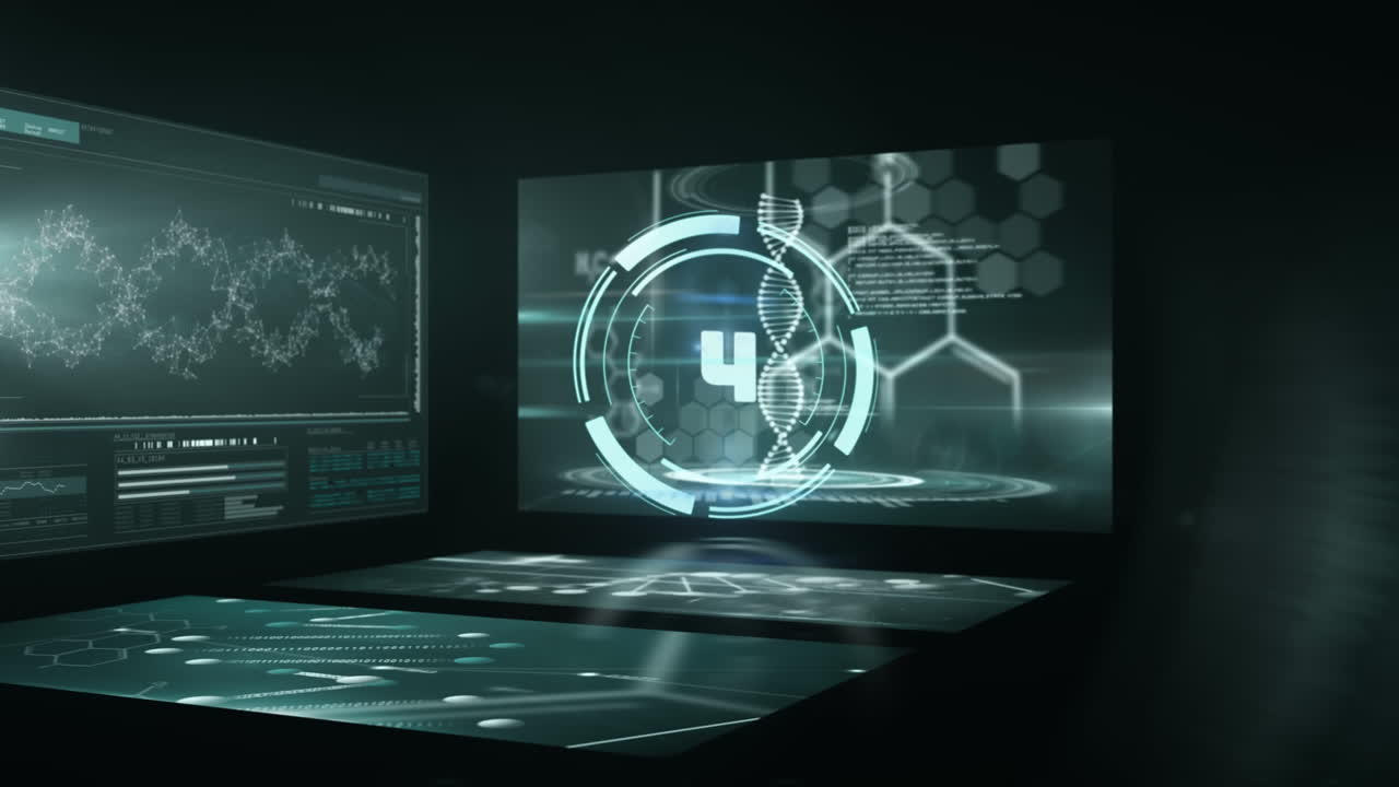 Animation of countdown from 10 to 0 in circles over dna helices and molecules structures