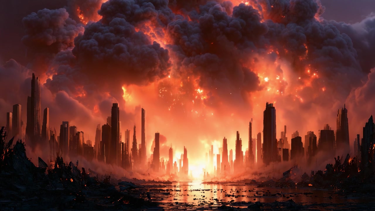 A Dystopian Landscape of Destruction: Flames Erupt from the Ruins of a Burned City, Casting an Orange Glow Over Towering Skyscrapers and Ominous Clouds of Smoke