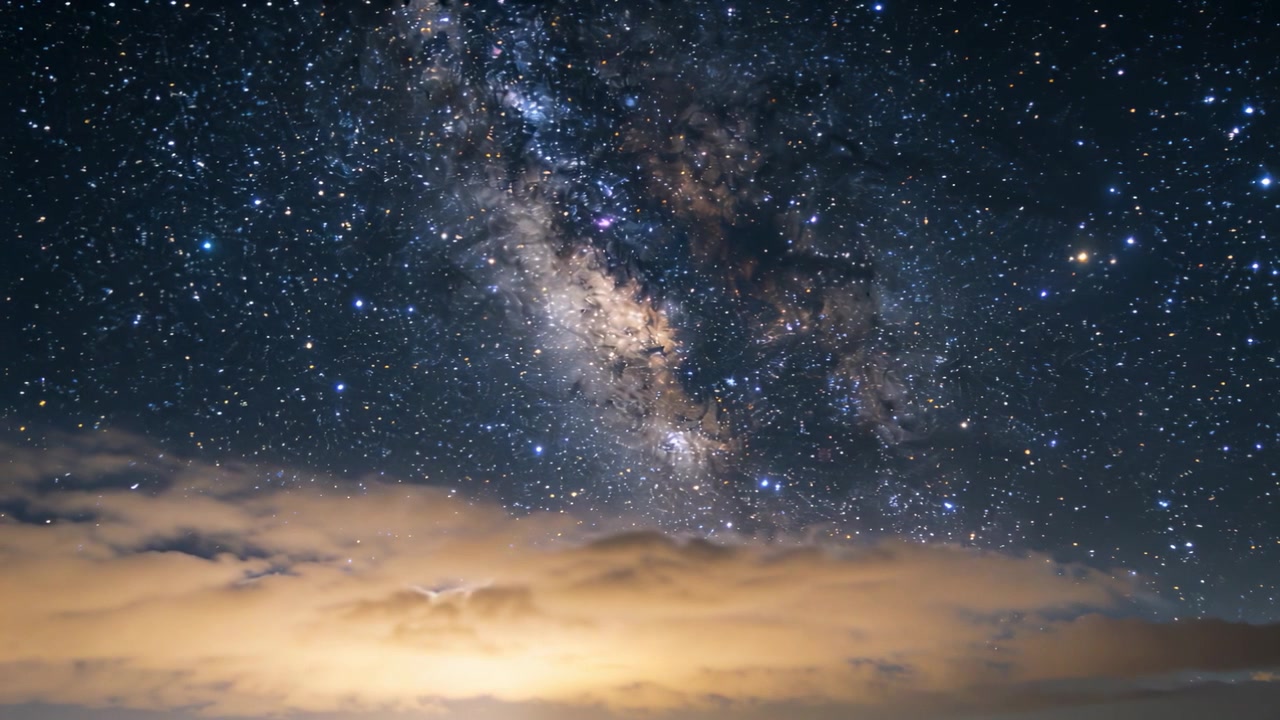 Nucleo e banda della Via Lattea in movimento che si spostano su nuvole basse, con il movimento causato dalla rotazione terrestre e dal vento.