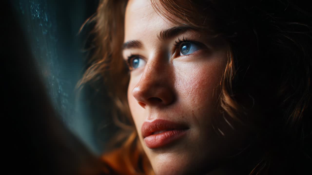 A Close-Up Portrait Showcasing a Thoughtful Young Woman Gazing Out the Window, Capturing the Depth of Her Blue Eyes and the Subtle Emotion Reflected in Her Expression Against a Soft, Blurry Background